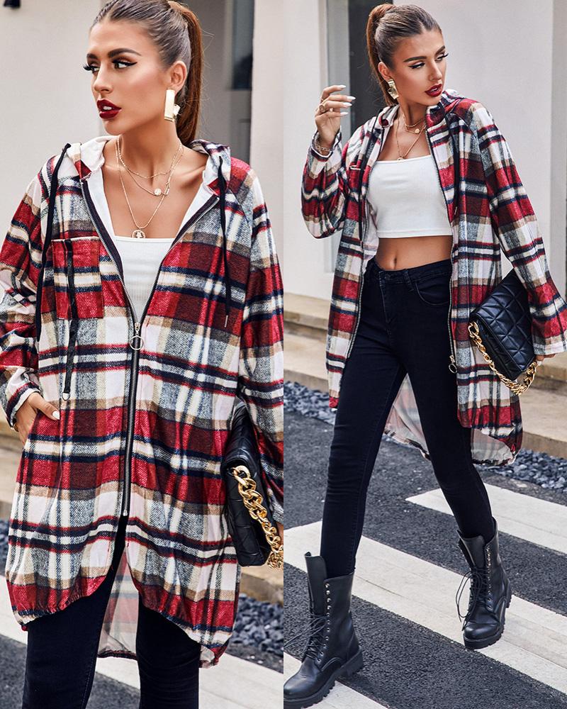 

Plaid Print Zip Up Hooded Shacket, Red
