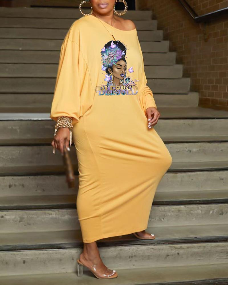 

Plus Size Figure Print Batwing Sleeve Casual Dress, Yellow