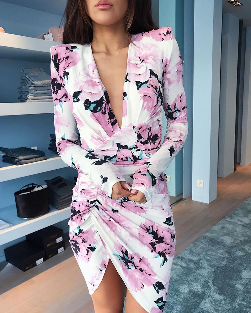 

Padded Shoulder Ruched Floral Print Dress, Pink