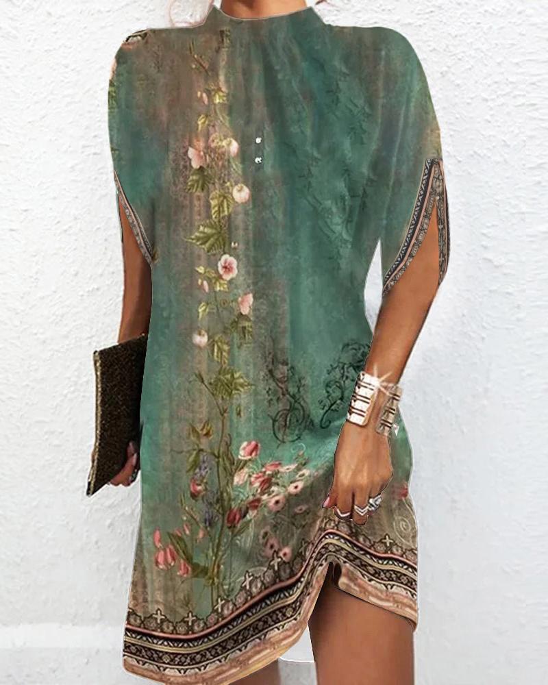 

Floral Tribal Print Mock Neck Casual Dress, Green