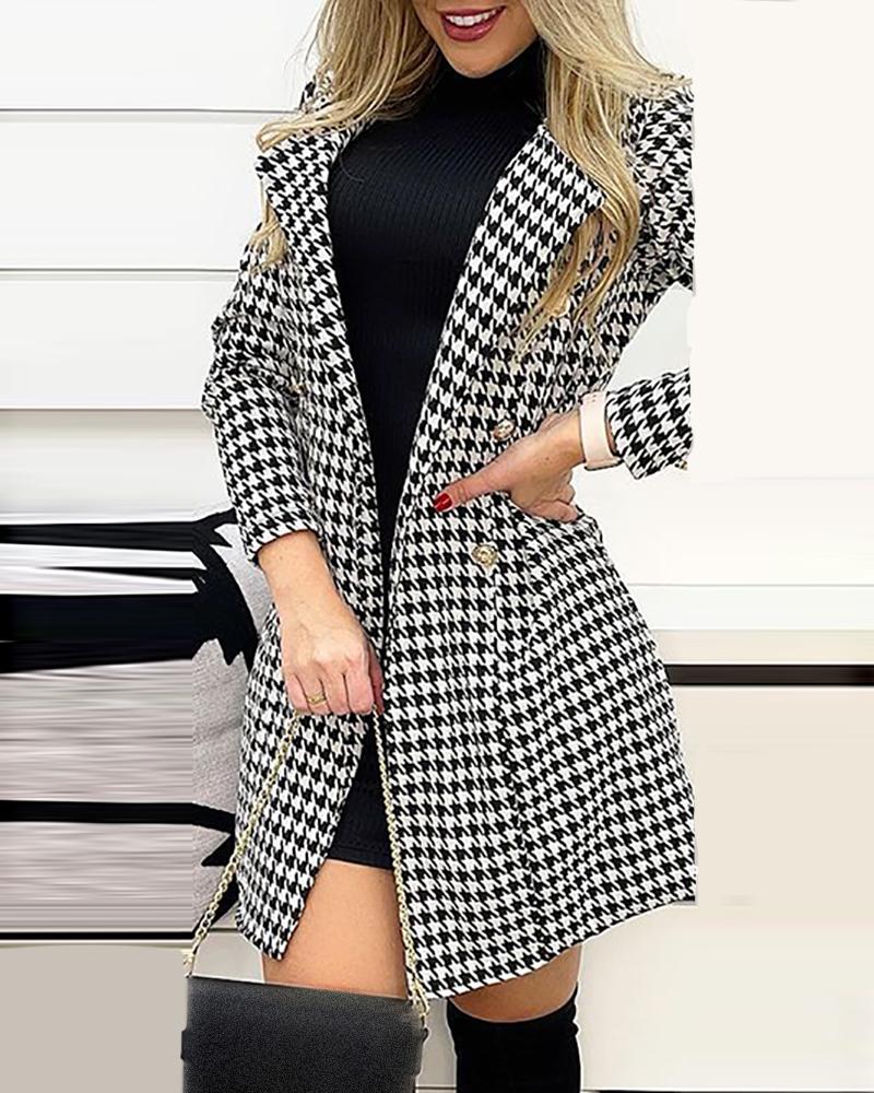 

Houndstooth Print Long Sleeve Pea Coat, Black