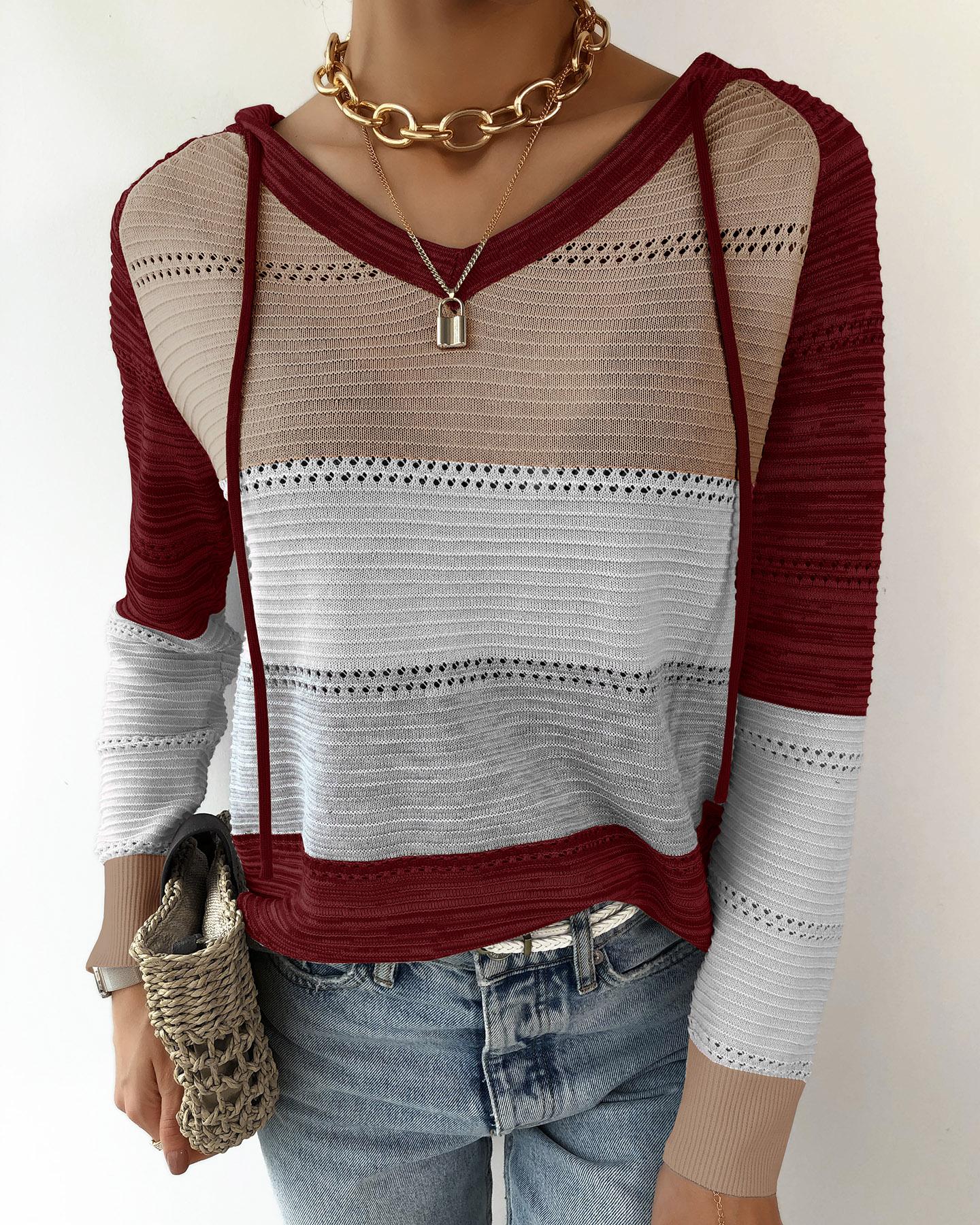 

Knit Colorblock Hollow Out Hooded Sweater, Wine red