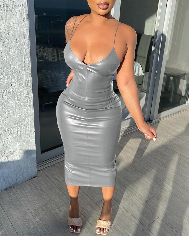 

PU Leather High Slit Backless Plunge Midi Dress, Gray