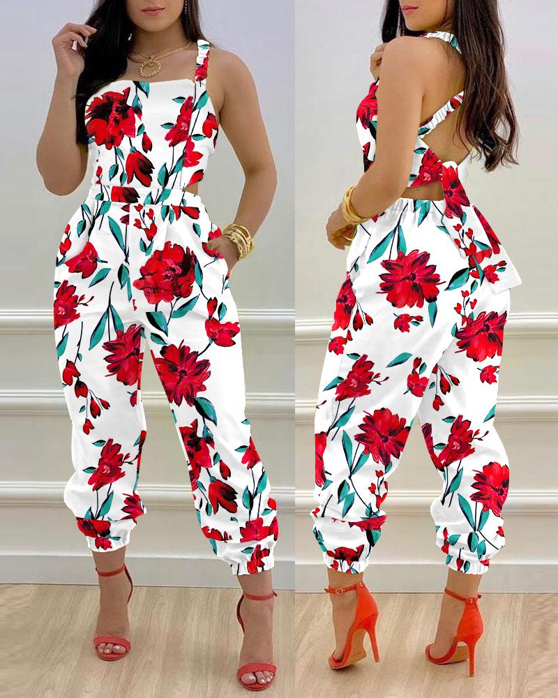 

Floral Print Crisscross Tied Detail Backless Jumpsuit, Red