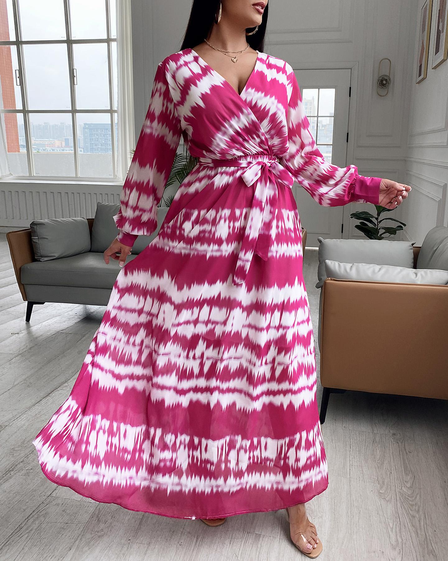 

Tie Dye / Cheetah Print V Neck Maxi Dress, Pink