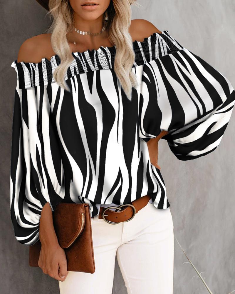 

Off Shoulder Stripe Print Lantern Sleeve Top, Black