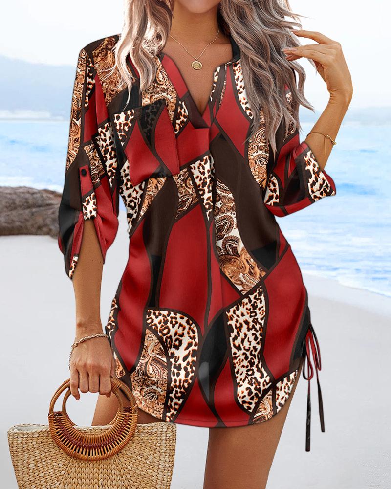 

Leopard Colorblock V-Neck Roll Up Sleeve Hollow-out Drawstring Mini Dress Cover-ups, Red