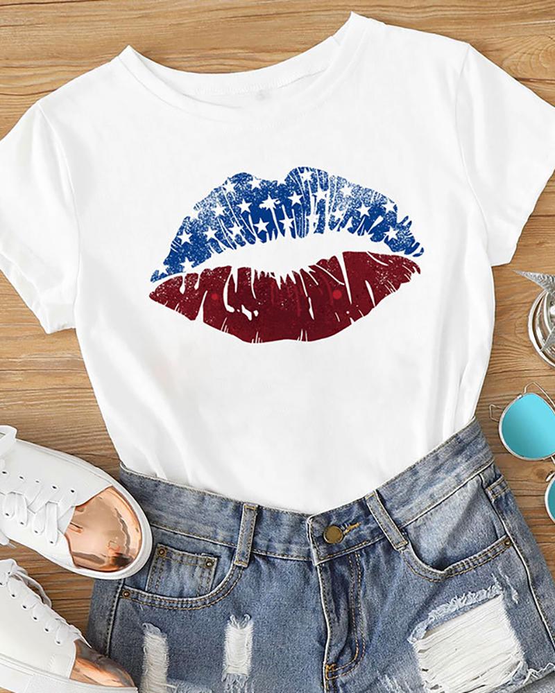 

Mommy & me Lip Flag Pattern Print Short Sleeve T-shirt For Mom, White