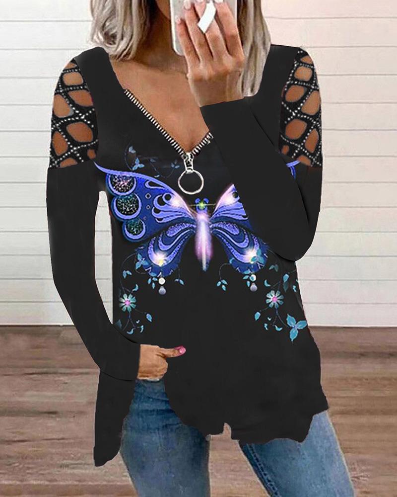 

Cutout Rhinestone Zipper Design Butterfly Print Top, Blue