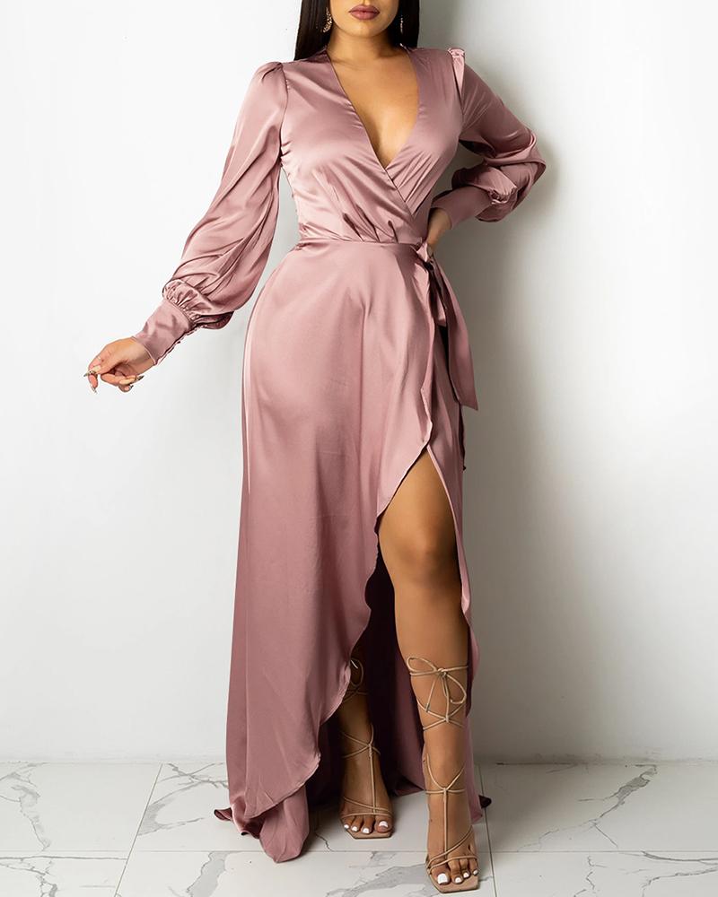 

Lantern Sleeve Plunge High Slit Party Dress, Pink