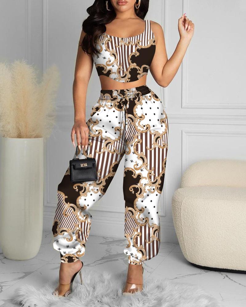 

All Over Print Crop Tank Top & High Waist Pants Set, Brown