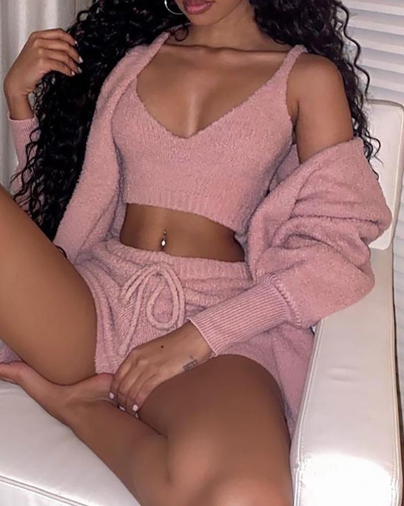 

Fuzzy Tank Top & Shorts Set With Cardigan, Pink