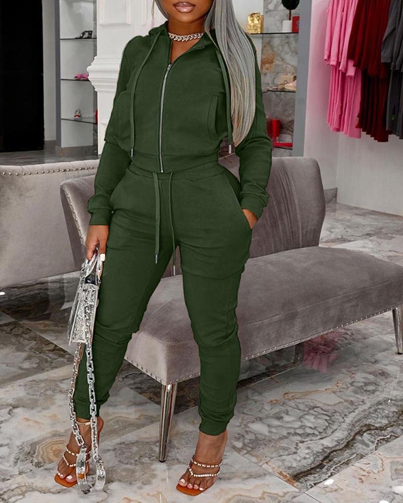 

Zip Up Drawstring Hooded Top & Pocket Pants Set, Green