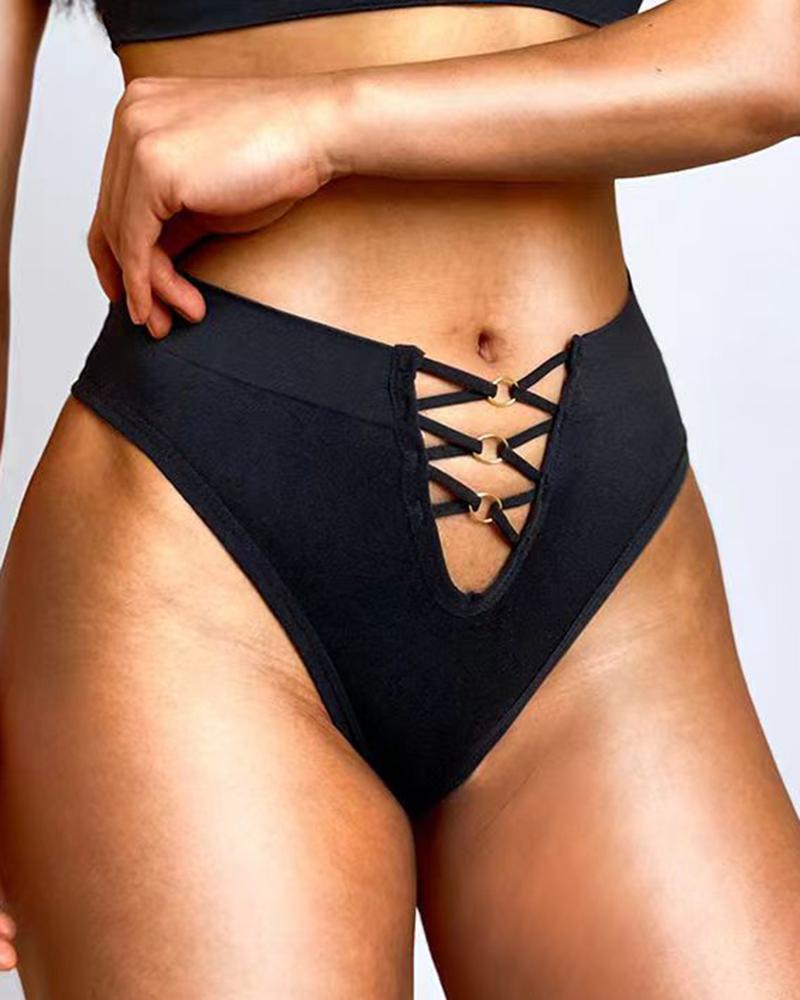 

O-Ring Decor Hollow Out Seamless Panty, Black