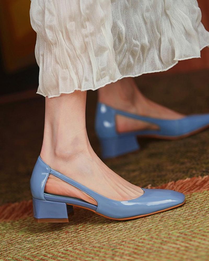 

Square-toe Solid Color Lacquered Leather High Heels, Blue