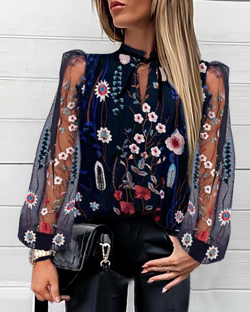 

Floral Embroidery Sheer Mesh Blouse, Dark blue