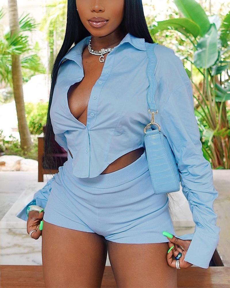 

Drop Shoulder Button Up Crop Top, Blue