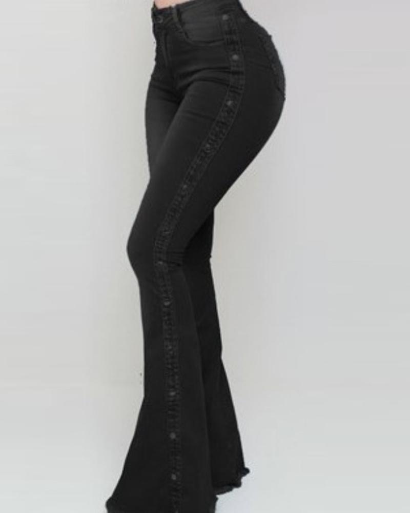 

Washed Beaded High Waist Zipper Fly Raw Hem Flared Leg Stretch Skinny Jeans, Black