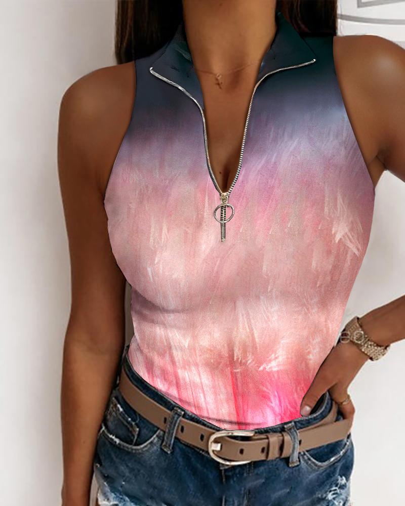 

Ombre Colorblock Zipper Decor Casual Top, Pink