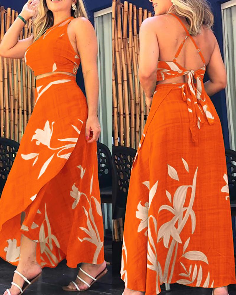 

Plants Print Crisscross Back Top & Wrap Skirt Set, Orange
