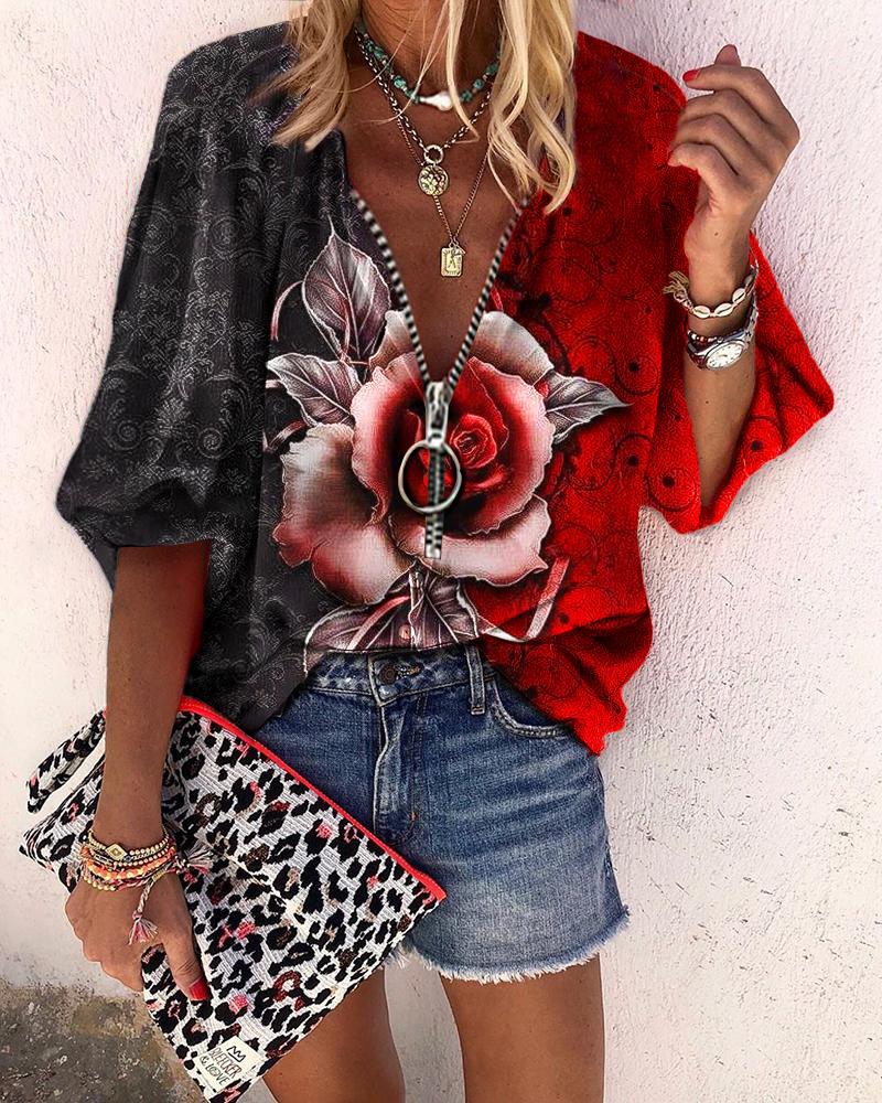 

Lantern Sleeve Zipper Design Patchwork Floral Print Casual Top, Black