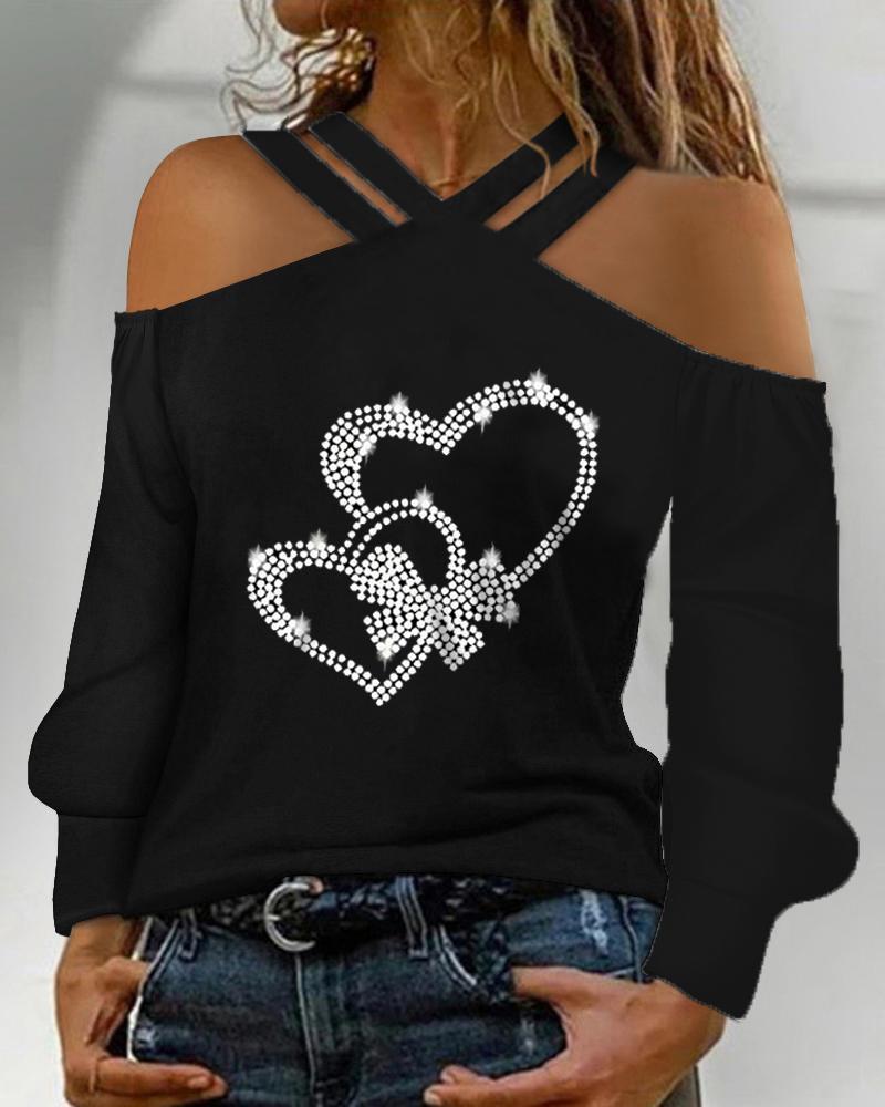 

Valentine' Day Rhinestone Double Heart Pattern Cold Shoulder Top, Black