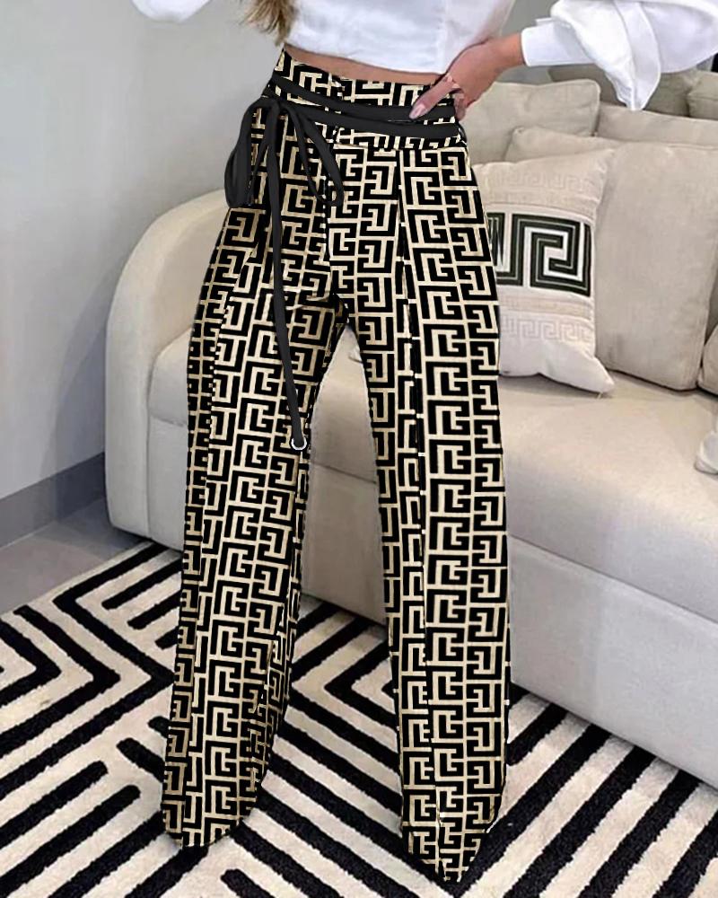 

Geometric Print Tied Detail Work Pants, Brown