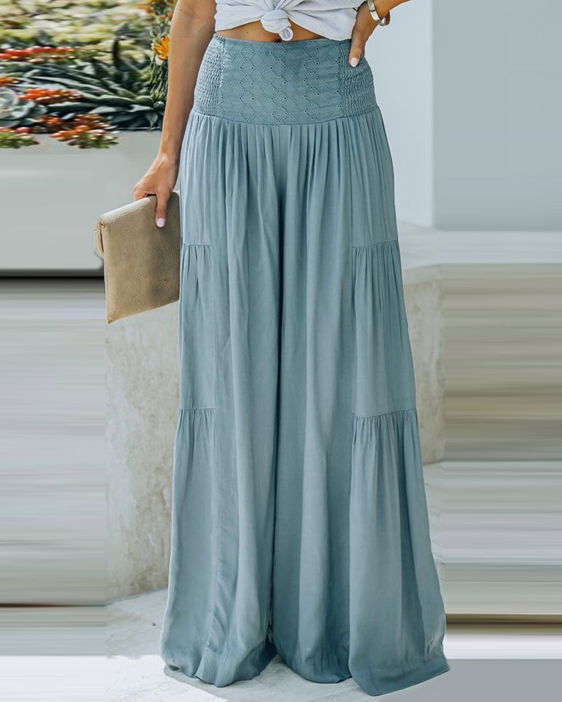 

High Waist Hollow Out Ruched Wide Leg Pants, Light gray