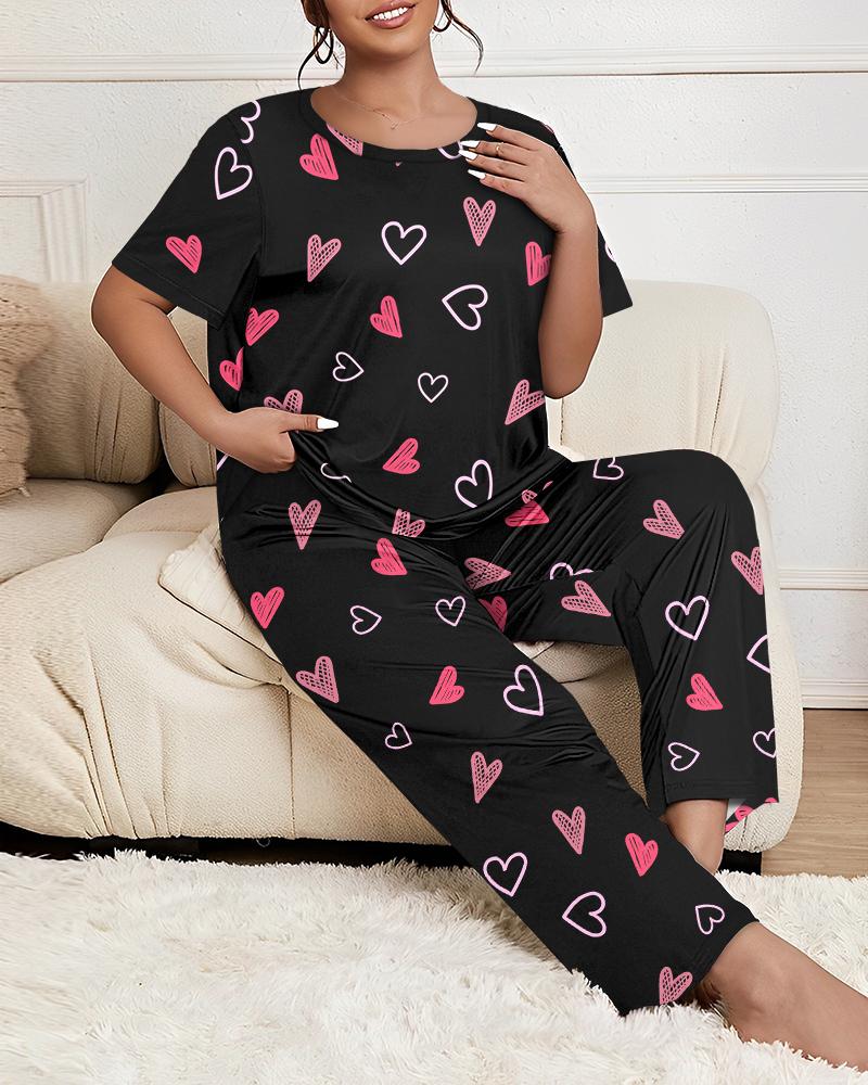 

Plus Size Heart Print Short Sleeve Pajamas Set, Black
