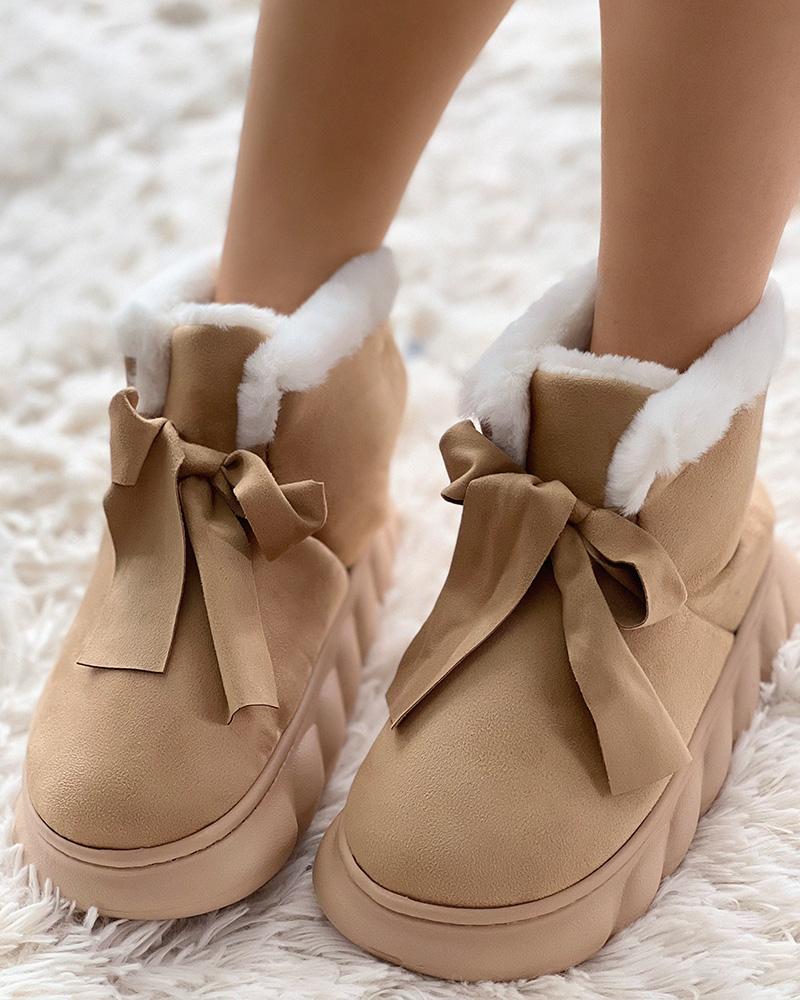 

Tied Detail Fuzzy Trim Lined Snow Boots, Brown