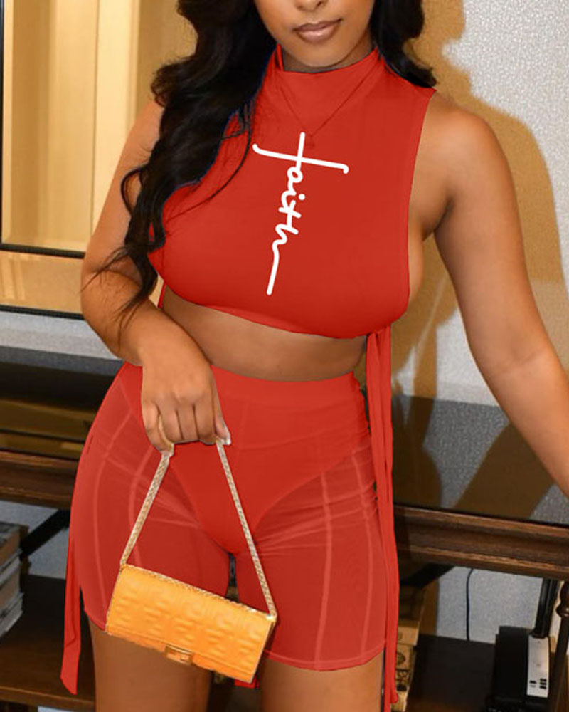 

Letter Print Tie Side Crop Top & Sheer Mesh Shorts Set, Red