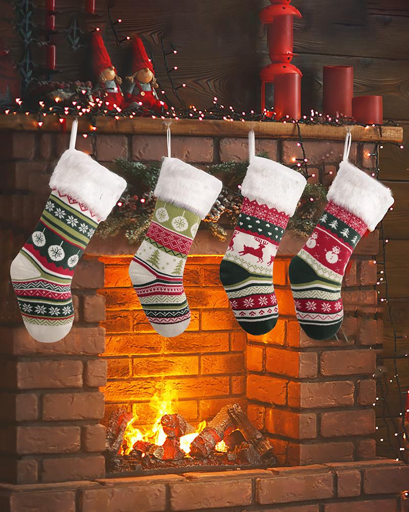 

Christmas Mixed Print Stockings Fluffy Trim Xmas Tree Hanging Ornaments, Style1