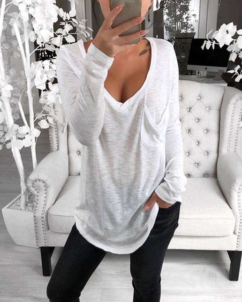 

Plus Size Pocket Detail Long Sleeve Top, White