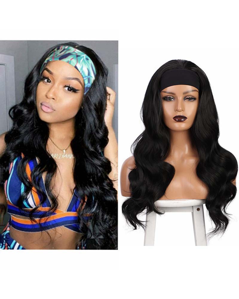 

Headband Wig 26 Inches Wave Glueless None Lace Front Wig, Black