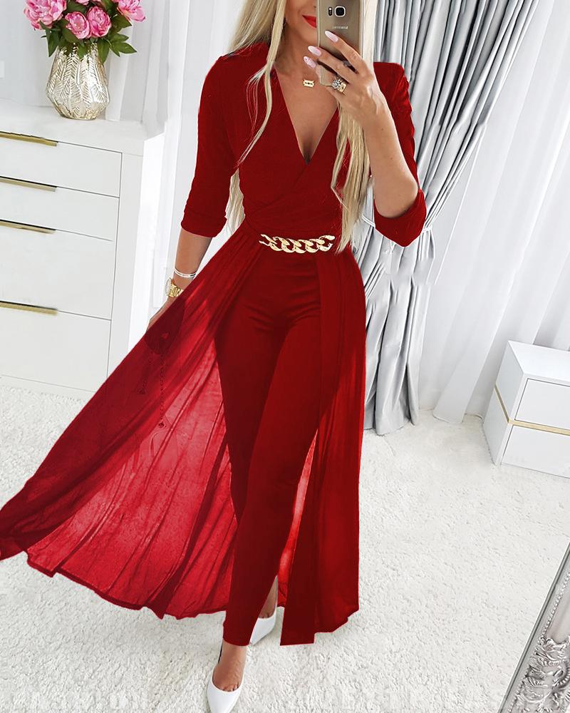 

Chain Decor Sheer Mesh Overlay Long Sleeve Jumpsuit, Red