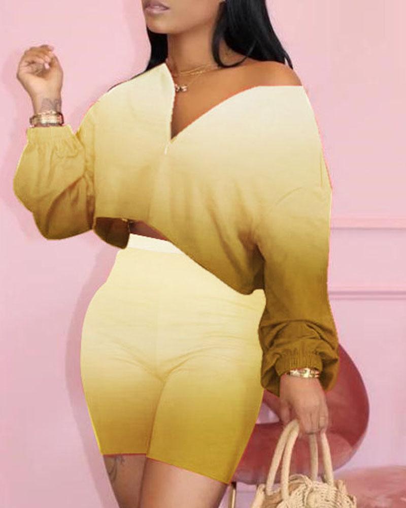 

Ombre Print Long Sleeve Casual Top & Shorts Set, Yellow