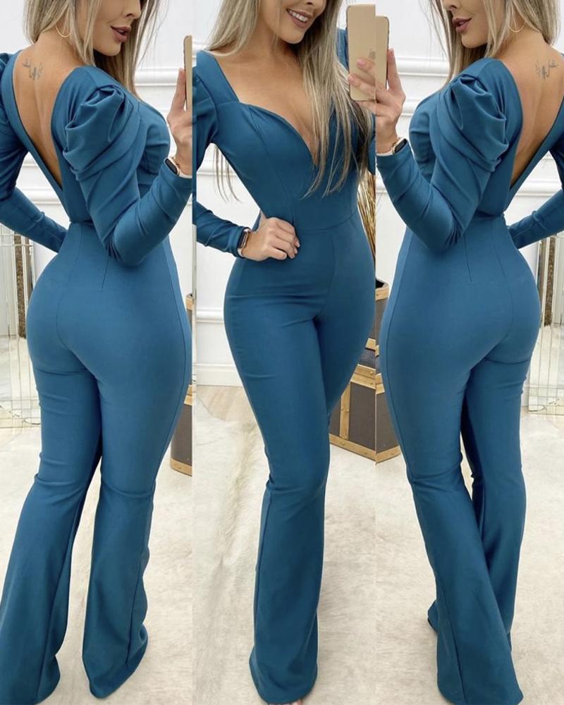 

Puff Sleeve Open Back Skinny Bootcut Jumpsuit, Blue