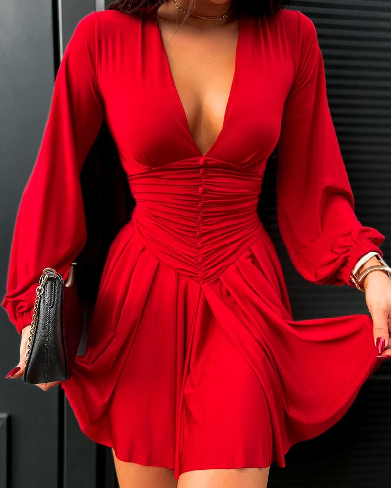

Plunge Ruched Lantern Sleeve Dress, Red