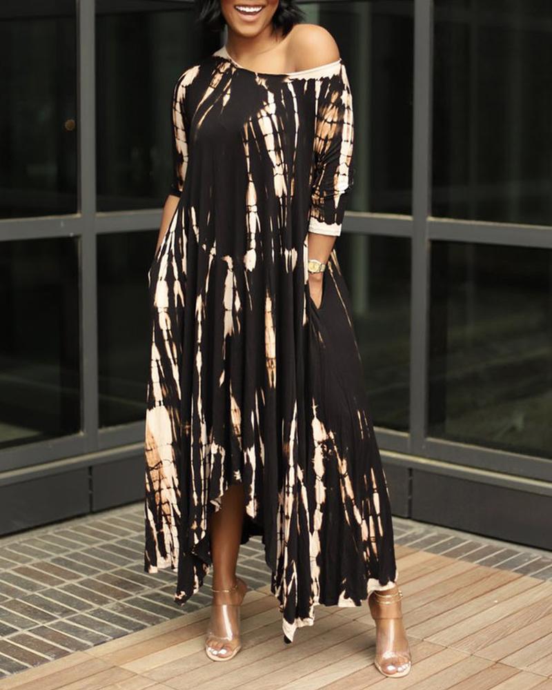 

Pocket Design Tie Dye Print Dip Hem Dress, Brown