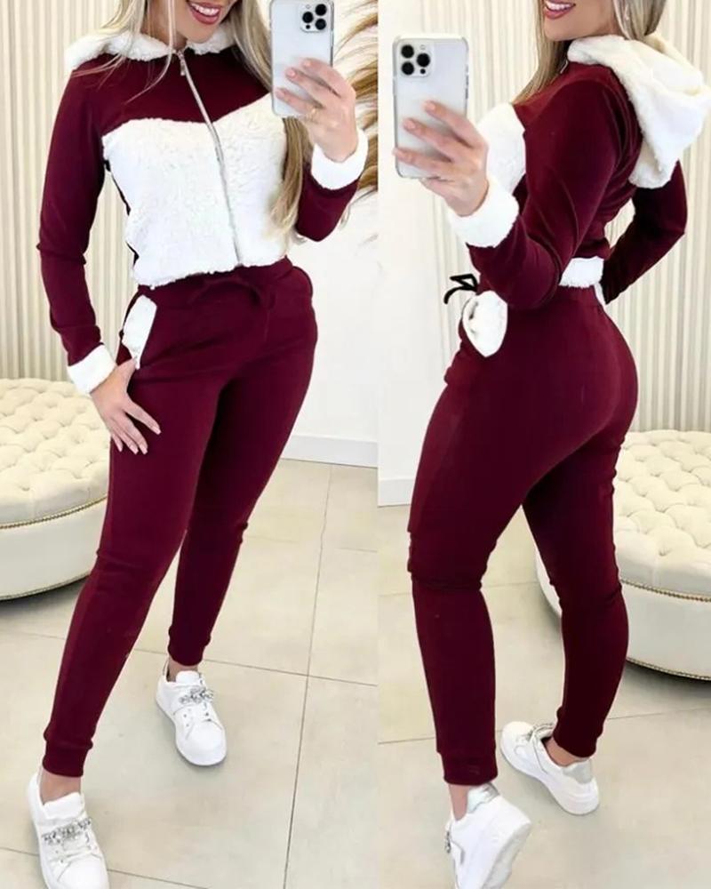 

Colorblock Fuzzy Hooded Top & Pocket Design Pants Set, Wine red