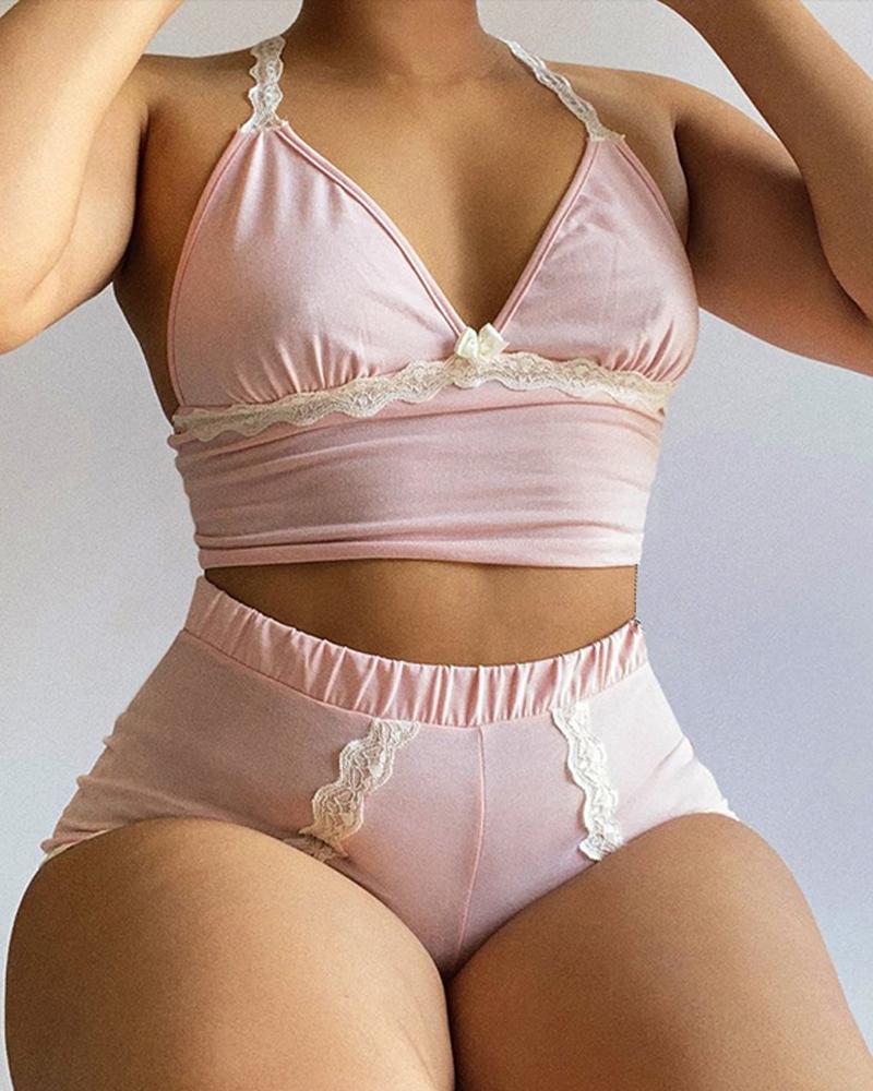 

Contrast Lace Crop Cami Set, Light pink