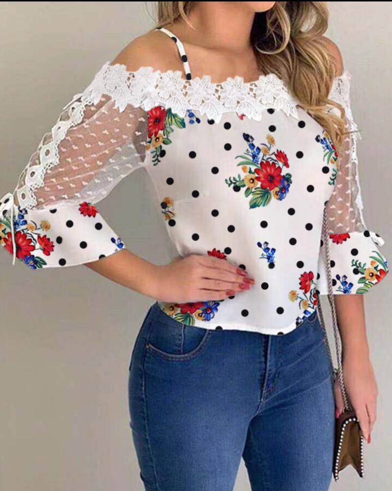 

Cold Shoulder Lace Floral Polkadot Print Top, White