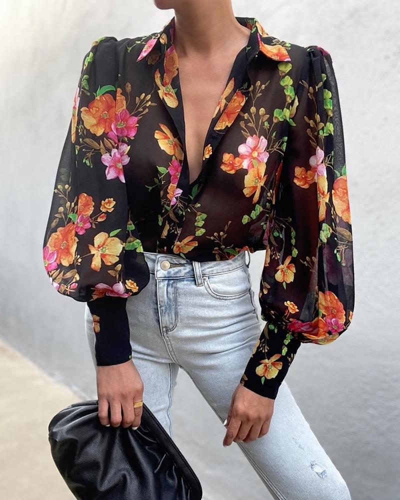 

Chiffon Floral Print Lantern Sleeve Blouse, Black