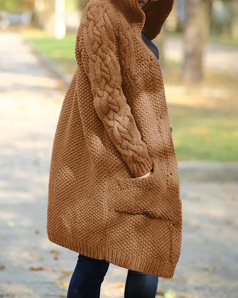 

Long Sleeve Hooded Buttoned Knit Braided Cardigan, Coffee