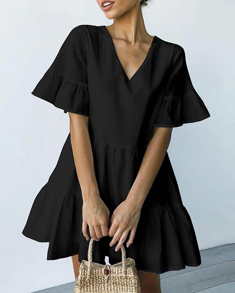 

Ruffles Short Sleeve V-Neck Casual Dress, Black