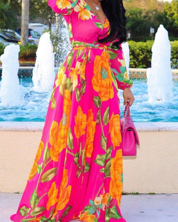 

Tropical Print Deep V Belted Warp Maxi Dress, Red