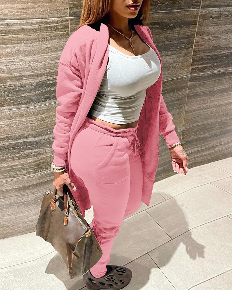 

Long Sleeve Open Front Coat & Drawstring Pants Set, Pink