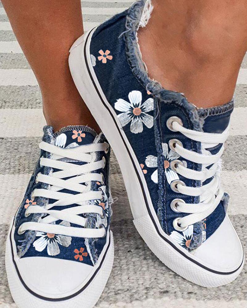 

Daisy Print Lace-up Fringe Hem Canvas Shoes, Dark blue