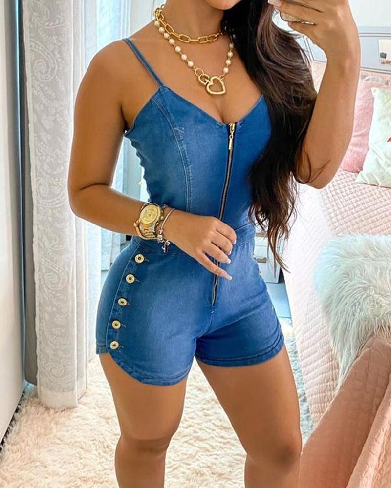 

Zipper Front Cami Denim Romper, Blue