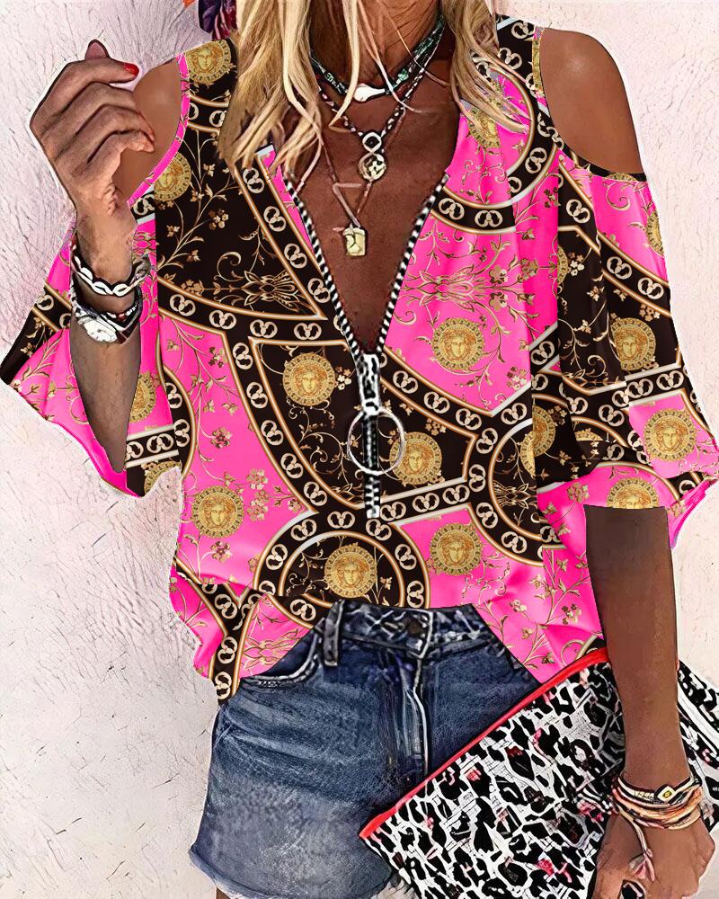 

Baroque Scarf Print Zip Front Cold Shoulder Top, Hot pink